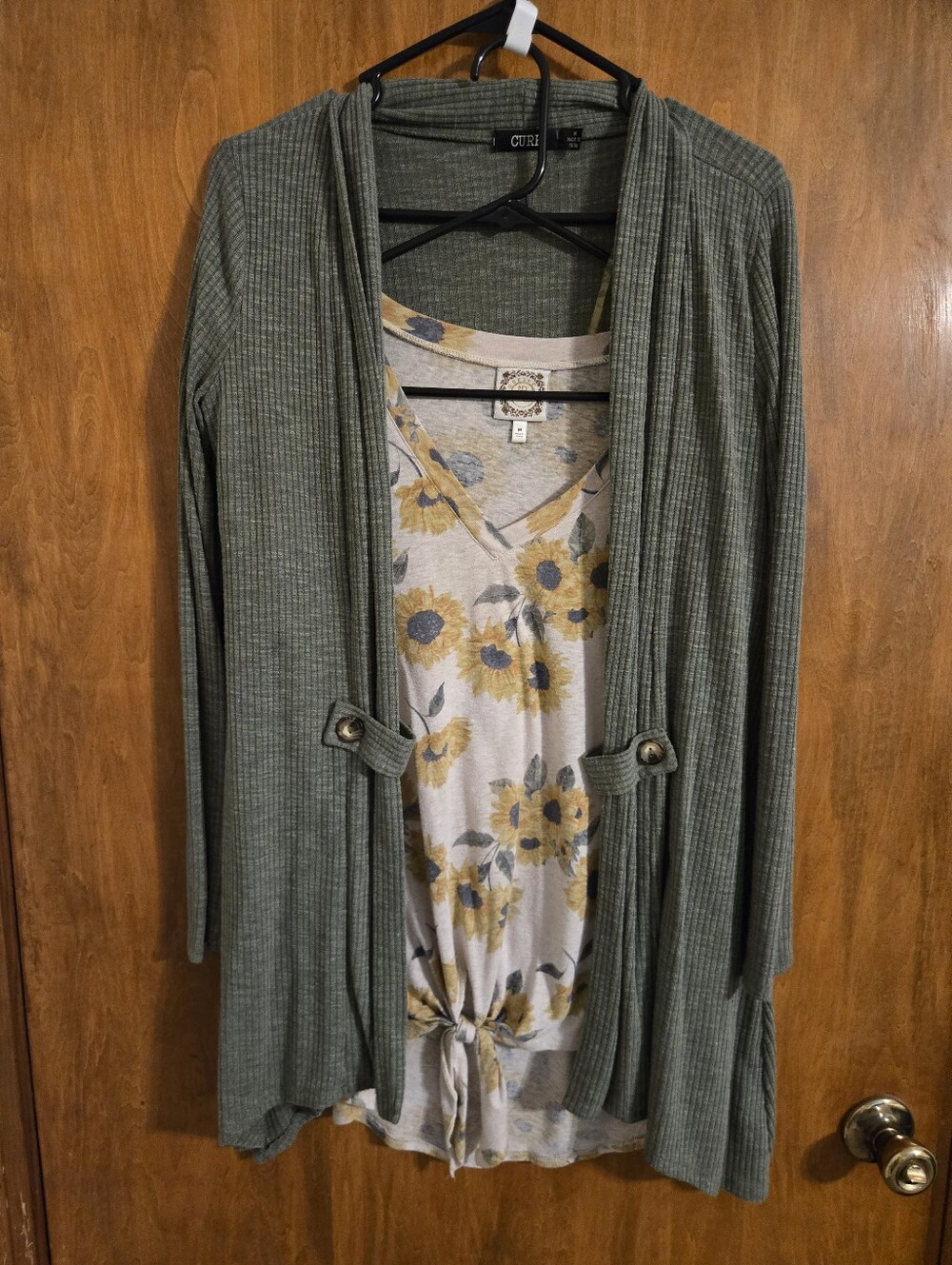 Olive Ribbed Open Cardigan & Sunflower Top
